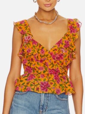 Veronica Beard 'Randa' Floral-Print Ruffled Silk Top, Hot Orange
